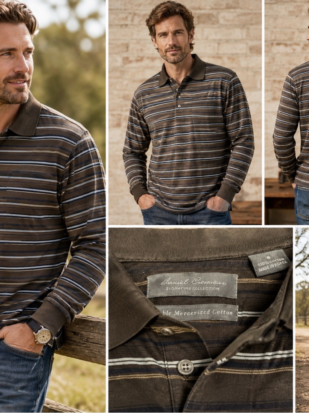 Daniel Cremieux Men’s Brown Striped Long-Sleeve Polo 1066CL